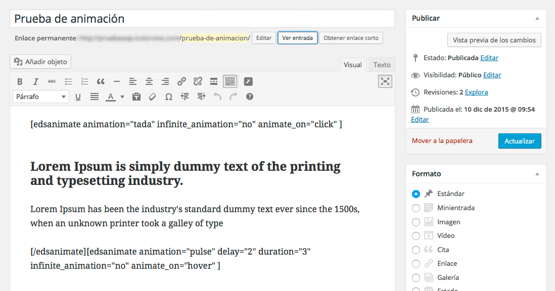 animaciones CSS en WordPress - Ejemplo de animación con Animate It