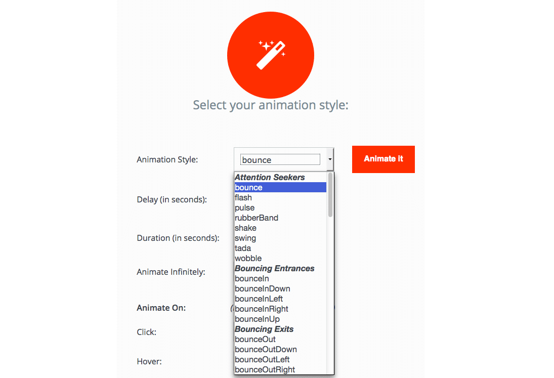 animaciones CSS en WordPress - Ventana emergente de Animate It con todos los tipos de animación